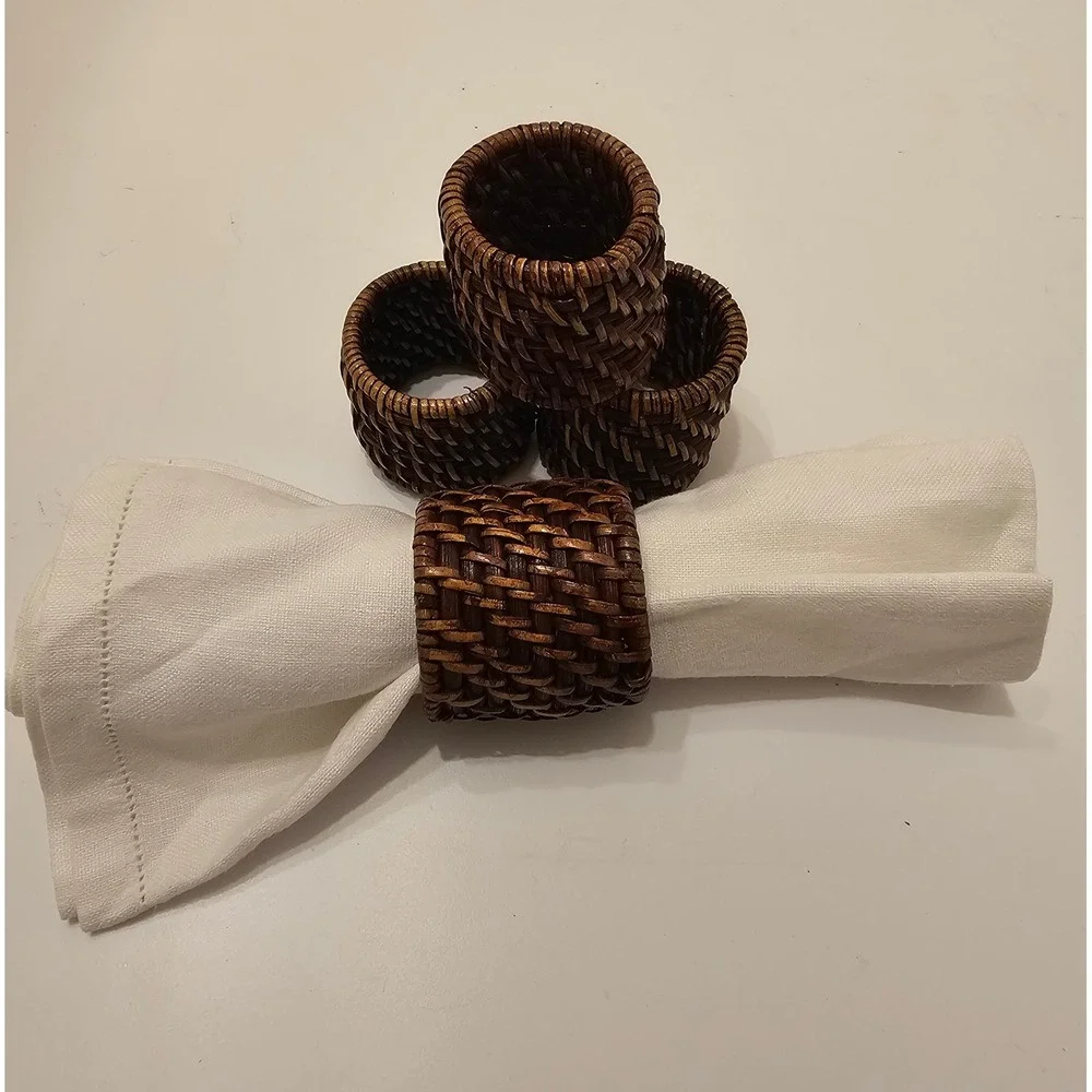 Set of 4 Dark Brown Woven Rattan Napkin Rings Rustic Basketweave Boho Table